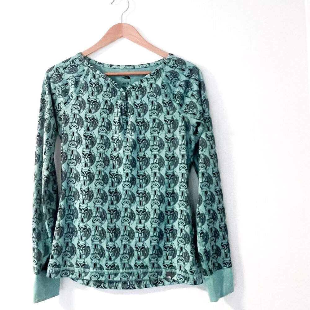 North Face Women's Base Layer Fox Print Long Sleeve Snap Button Teal Shirt XS